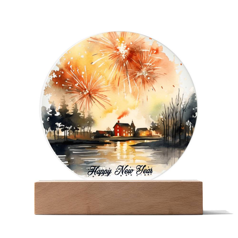 2024 Cityscape Fireworks: Vibrant Watercolor Circular Acrylic Plaque - Perfect New Year's Gift!