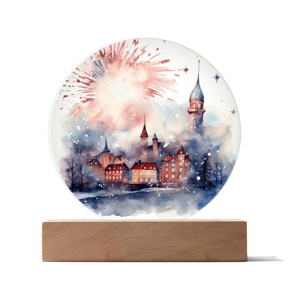 Radiant 2024 Cityscape Fireworks: Hand-Painted Circular Acrylic Plaque - Stunning New Year's Gift!