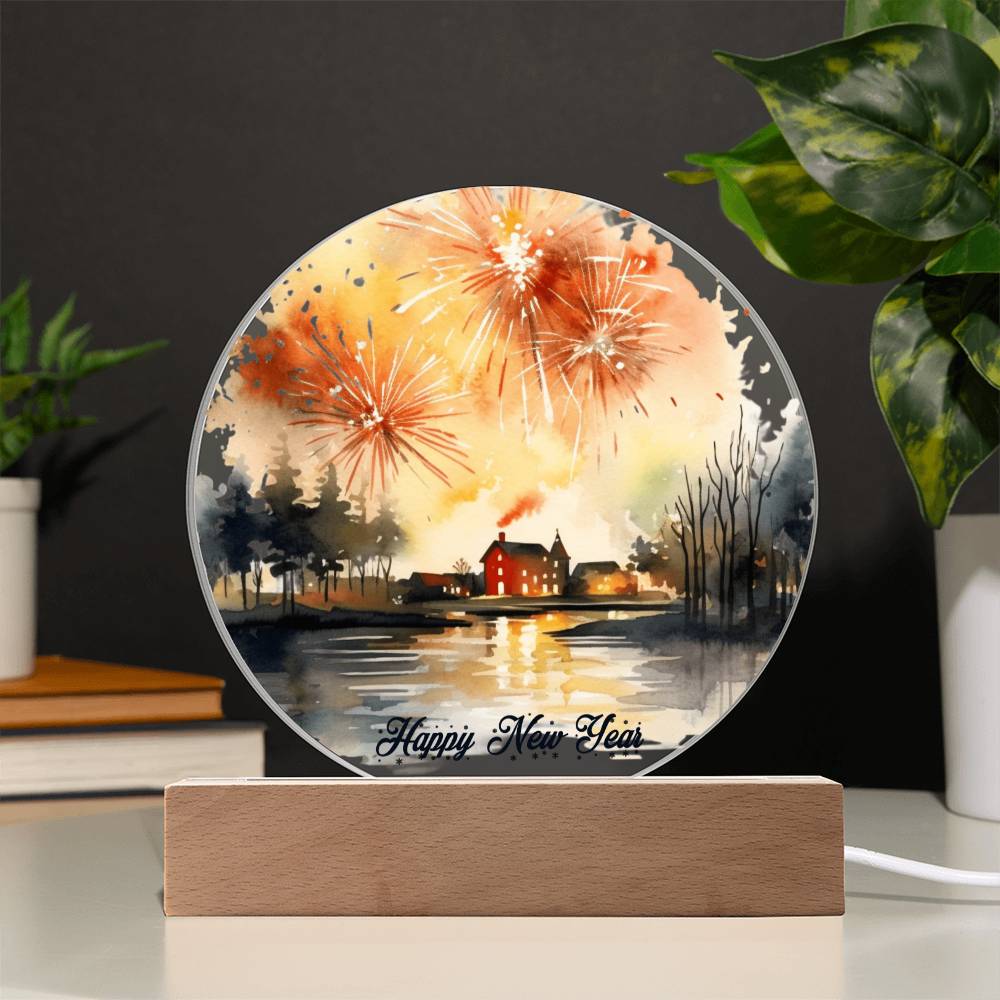 2024 Cityscape Fireworks: Vibrant Watercolor Circular Acrylic Plaque - Perfect New Year's Gift!