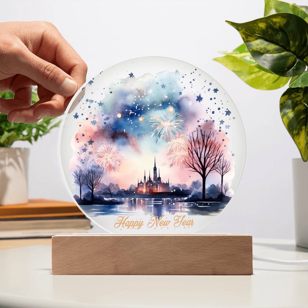 Captivating 2024 City Skyline Fireworks: Handcrafted Watercolor Circular Acrylic Plaque - Unique New Year's Gift!