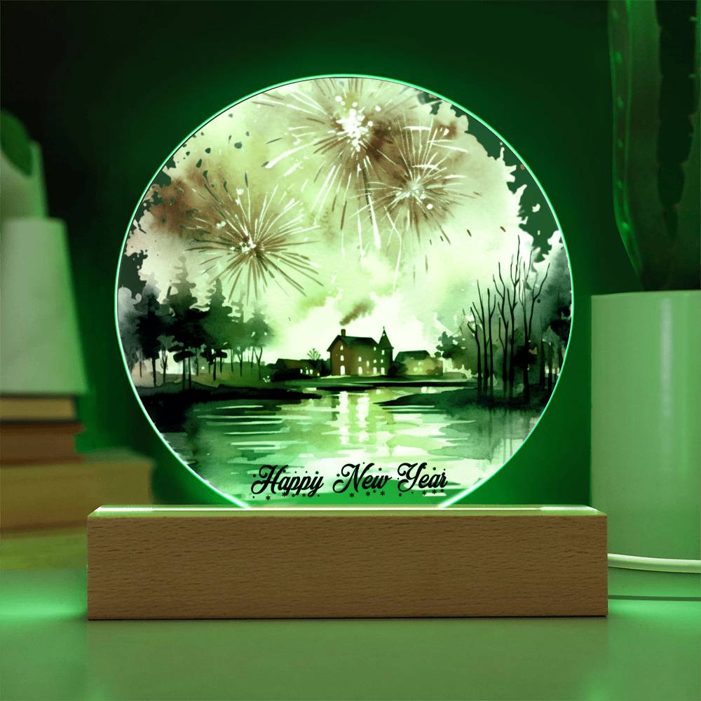 2024 Cityscape Fireworks: Vibrant Watercolor Circular Acrylic Plaque - Perfect New Year's Gift!