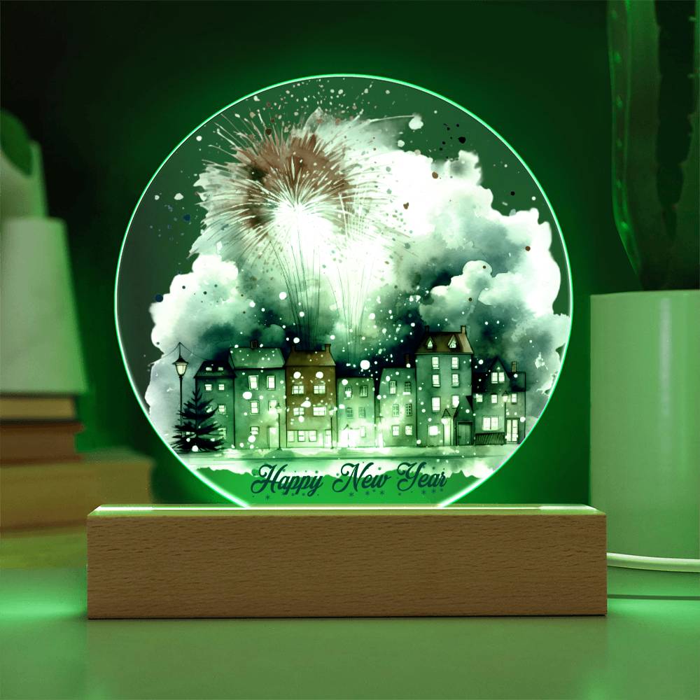 City Lights 2024: Fireworks Celebration in Watercolor - Circular Acrylic Plaque for a Festive New Year!