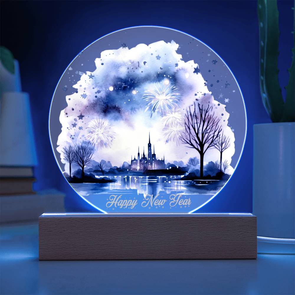 Captivating 2024 City Skyline Fireworks: Handcrafted Watercolor Circular Acrylic Plaque - Unique New Year's Gift!