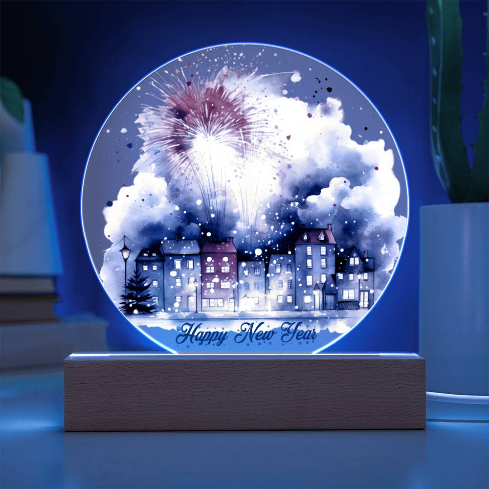 City Lights 2024: Fireworks Celebration in Watercolor - Circular Acrylic Plaque for a Festive New Year!