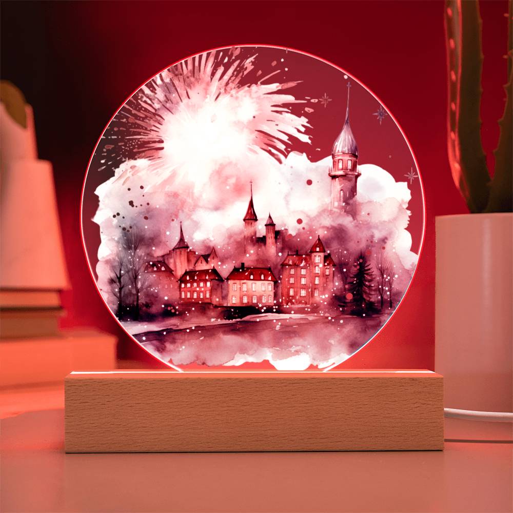 Radiant 2024 Cityscape Fireworks: Hand-Painted Circular Acrylic Plaque - Stunning New Year's Gift!