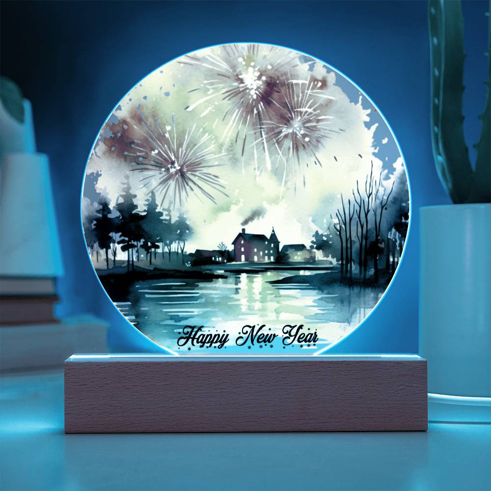 2024 Cityscape Fireworks: Vibrant Watercolor Circular Acrylic Plaque - Perfect New Year's Gift!